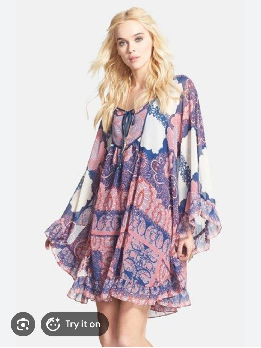 Free People Marla Dreams ruffle trim tunic dress features a sheer paisley print